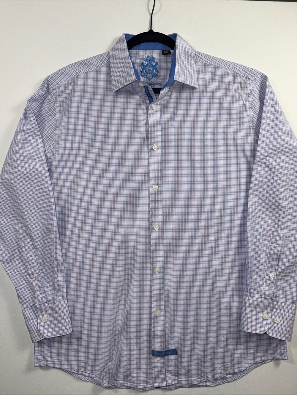 English Laundry Men 16 16.5 Pink Blue Plaid Stretch Dress Shirt Preppy